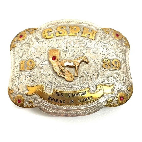 Champion Ruby Sterling Overlay Belt Buckle Wage Sterling Overlay Leather Belt Ladies Western. For Sale  main image 3